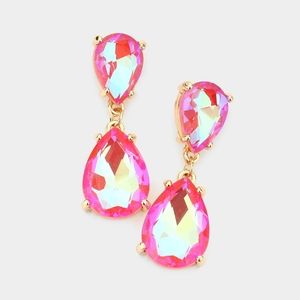 Pink Coral Dangle Crystal Teardrop Earrings 1.4 Inch Evening Drop Link Womens